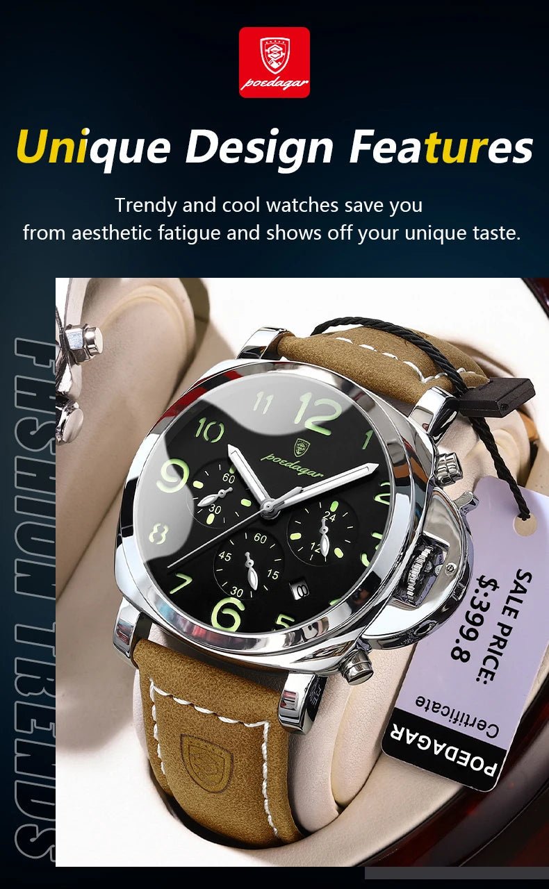 POEDAGAR Top Luxury Fashion Watch For Men Waterproof Luminous Chronograph Man Watch Leather Military Men's Quartz Watches Reloj - RELUX.STORE