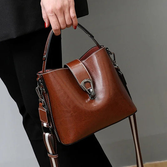 Real Oil Wax Leather Women's Bucket Bag Casual and Simple Handbag Large Capacity Ladies Cowhide Fashionable Crossbody Tote Bag - RELUX.STORE