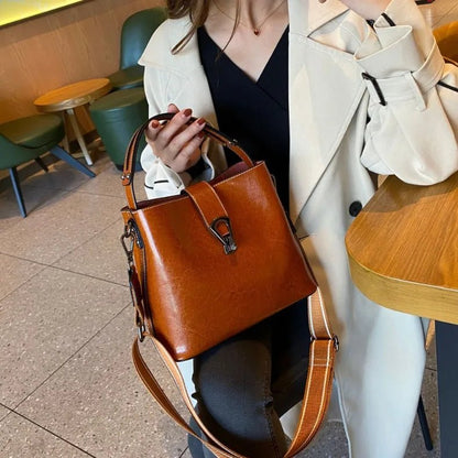 Real Oil Wax Leather Women's Bucket Bag Casual and Simple Handbag Large Capacity Ladies Cowhide Fashionable Crossbody Tote Bag - RELUX.STORE