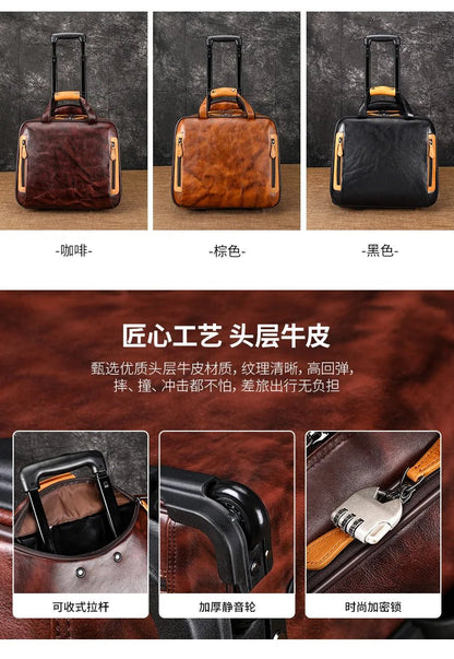 Retro genuine leather men trolley case business wheel suitcase bag cowhide first layer of travel handbag man luggage laptop bags - RELUX.STORERetro genuine leather men trolley case business wheel suitcase bag cowhide first layer of travel handbag man luggage laptop bags
