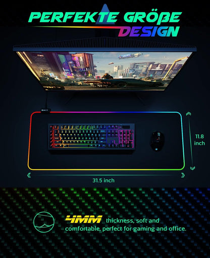 RGB Gaming Mouse Pad – Large Extended Soft LED Mouse Mat with 14 Lighting Modes & 2 Brightness Levels, 31.5×11.8 in (800×300mm) Keyboard Mousepad - RELUX.STORE