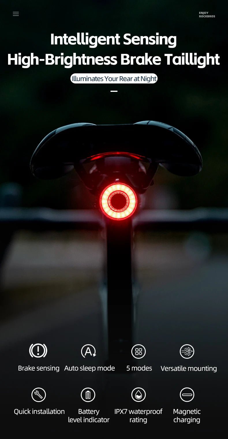 "ROCKBROS Smart Bike Tail Light – IPX6 Waterproof Rechargeable Rear Light for Night Riding, USB Type - C Charging" - RELUX.STORE