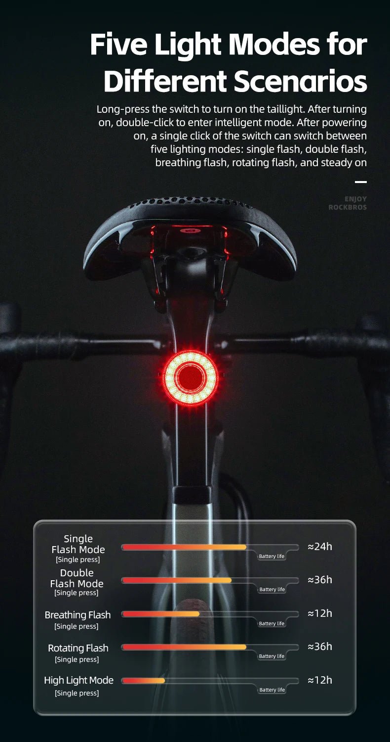 "ROCKBROS Smart Bike Tail Light – IPX6 Waterproof Rechargeable Rear Light for Night Riding, USB Type - C Charging" - RELUX.STORE