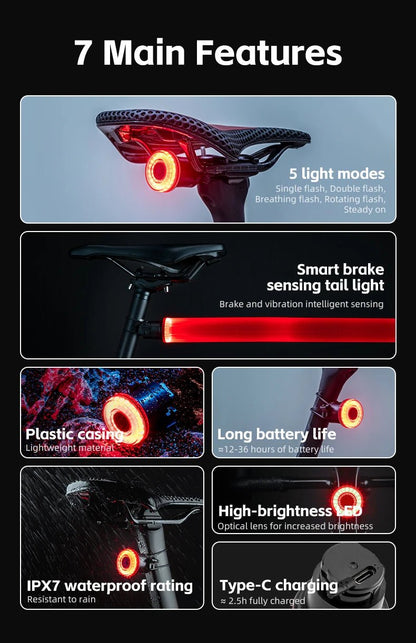 "ROCKBROS Smart Bike Tail Light – IPX6 Waterproof Rechargeable Rear Light for Night Riding, USB Type - C Charging" - RELUX.STORE
