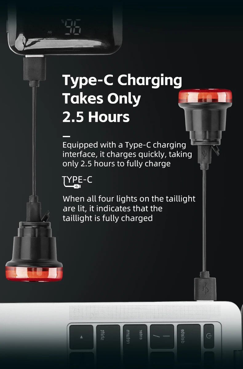 "ROCKBROS Smart Bike Tail Light – IPX6 Waterproof Rechargeable Rear Light for Night Riding, USB Type - C Charging" - RELUX.STORE