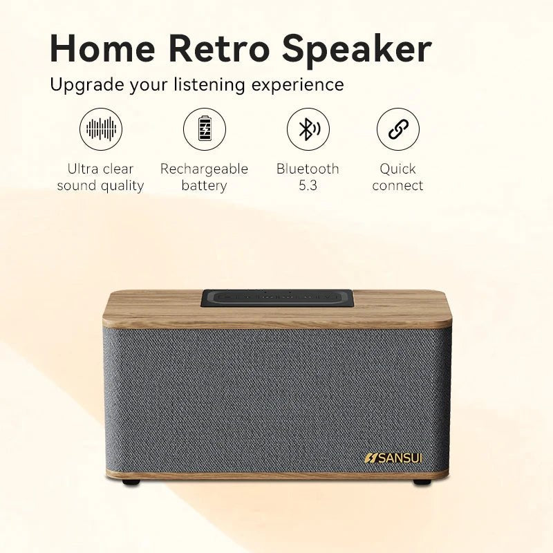 Sansui Wood Retro Portable Speaker Shop America Warehouse Online Home Audio System Surround Sound FM Radio AUX Bluetooth Speaker - RELUX.STORE