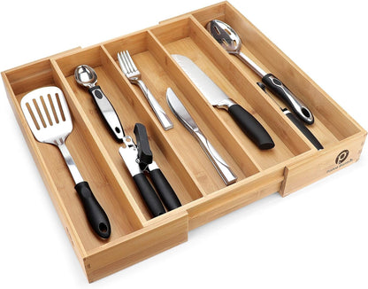 Silverware Tray Drawer Organizer – 5 - Slot Expandable Kitchen Cutlery & Flatware Holder with Adjustable Wooden Dividers - RELUX.STORE