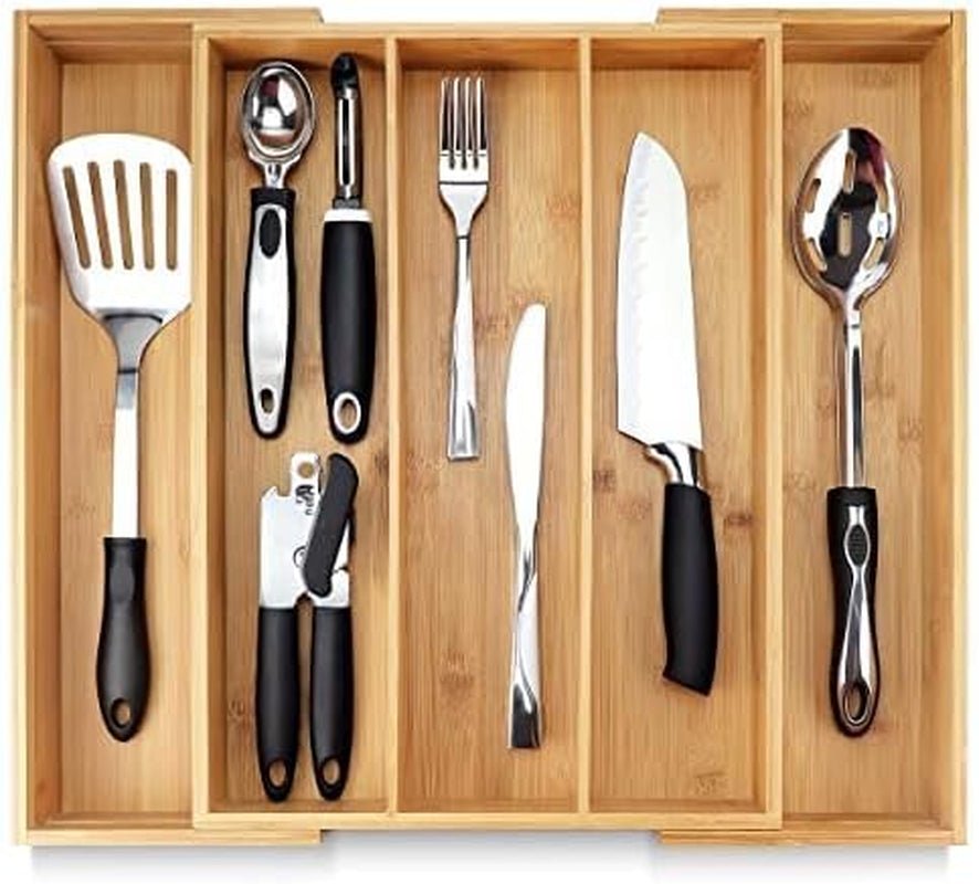 Silverware Tray Drawer Organizer – 5 - Slot Expandable Kitchen Cutlery & Flatware Holder with Adjustable Wooden Dividers - RELUX.STORE