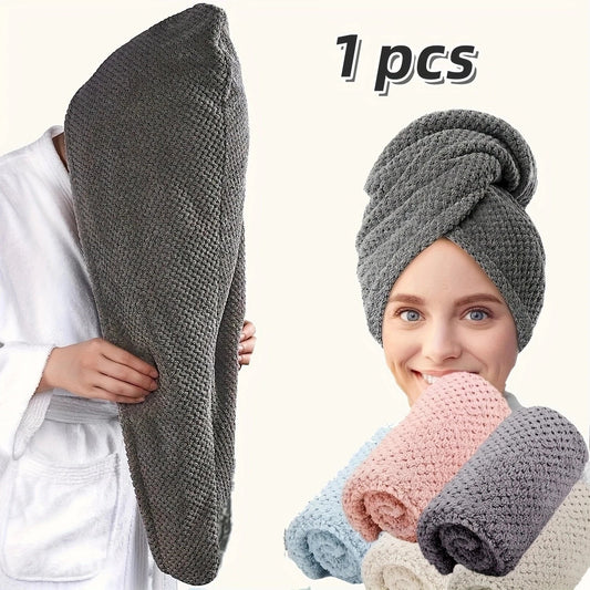 “Solid Color Hair Towel Wrap – Textured, Absorbent Dry Hair Cap with Button for Women, 9.8” x 25.5”” - RELUX.STORE