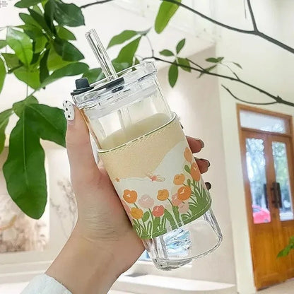 Square Heat Resistant Coffee Glass Cup With Lid and Straw Transparent Milk Tea Juice Cups Coffee Mug For Home Bar Drinkware - RELUX.STORE