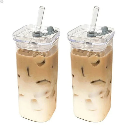 Square Heat Resistant Coffee Glass Cup With Lid and Straw Transparent Milk Tea Juice Cups Coffee Mug For Home Bar Drinkware - RELUX.STORE