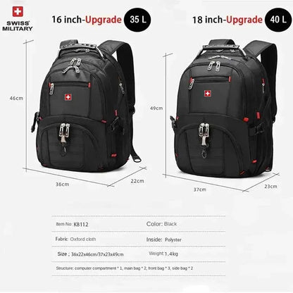 SWISS 17" Laptop Backpack – Waterproof USB Charging Port, Swiss - Style Multifunctional Rucksack for School, Hiking & Travel - RELUX.STORE
