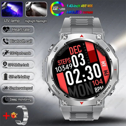 T - Rex 3 GPS Smart Watch 5ATM Waterproof 1.43 inch AMOLED HD Screen BT Call Flashlight Military Sport Smartwatches Men 2025 New - RELUX.STORE