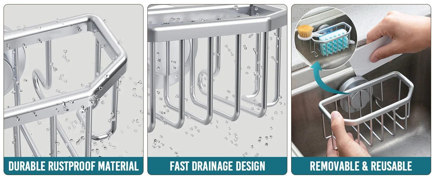 TAILI Sponge Holder for Kitchen Sink with Strong Suction Cup Removable, Rustproof Aluminum Sink Caddy for Sponge, Brush - RELUX.STORE