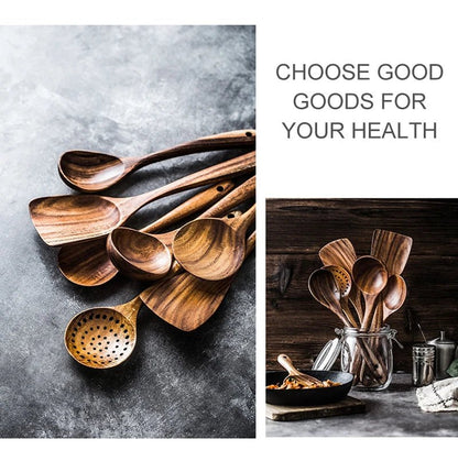 Thailand Teak Natural Wooden Tableware Cooking Ladle Turner Long Rice Colander Soup Skimmer Cooking Spoons Scoop Kitchen Tool - RELUX.STORE