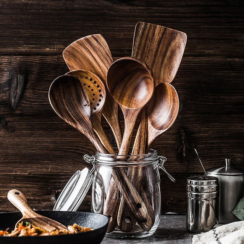 Thailand Teak Natural Wooden Tableware Cooking Ladle Turner Long Rice Colander Soup Skimmer Cooking Spoons Scoop Kitchen Tool - RELUX.STORE