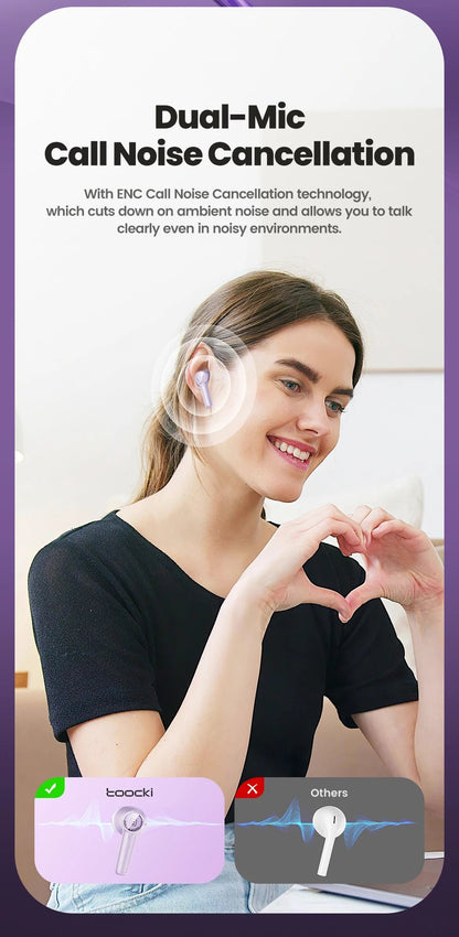 "Toocki TWS ENC Bluetooth 5.3 Earphones – HiFi Stereo Sound Wireless In - Ear Headphones with Mic, Waterproof for Mobile Phones" - RELUX.STORE