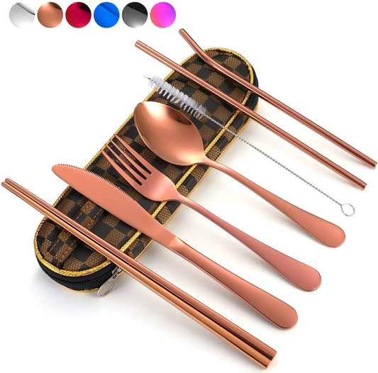 Travel Utensils – Reusable Silverware Set with Waterproof Carrying Case | Portable Cutlery for Lunch, Work, Camping, School & Picnic (Browngridcase/Rosegold) - RELUX.STORE