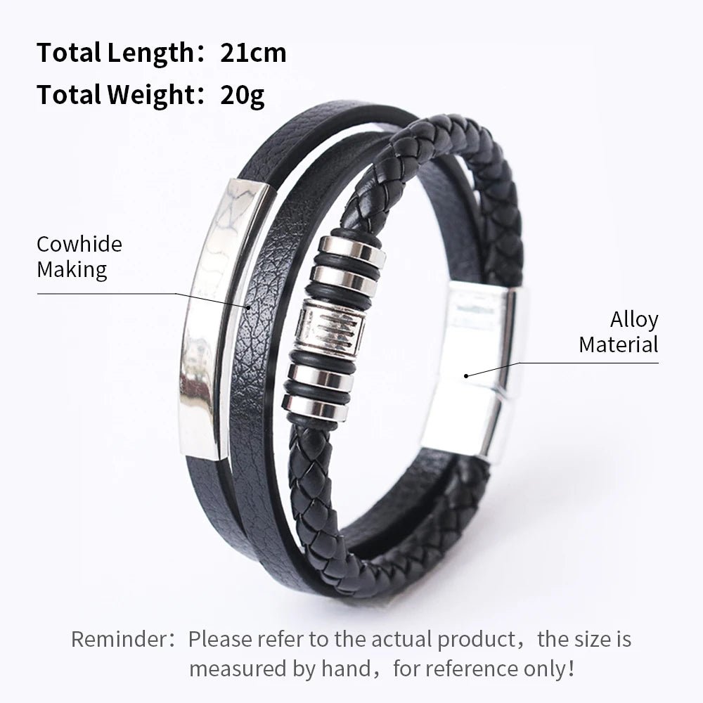 "Trendy Men’s Leather Bracelet – 21cm Multilayer Braided Rope with Stainless Steel, Fashion Jewelry Gift for Men" - RELUX.STORE