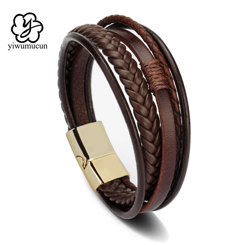 "Trendy Men’s Leather Bracelet – 21cm Multilayer Braided Rope with Stainless Steel, Fashion Jewelry Gift for Men" - RELUX.STORE