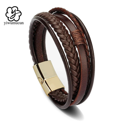 "Trendy Men’s Leather Bracelet – 21cm Multilayer Braided Rope with Stainless Steel, Fashion Jewelry Gift for Men" - RELUX.STORE