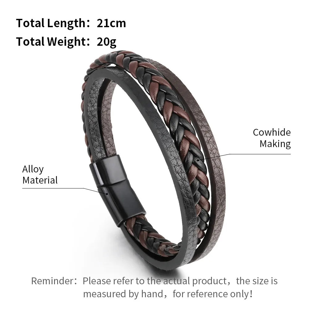 "Trendy Men’s Leather Bracelet – 21cm Multilayer Braided Rope with Stainless Steel, Fashion Jewelry Gift for Men" - RELUX.STORE