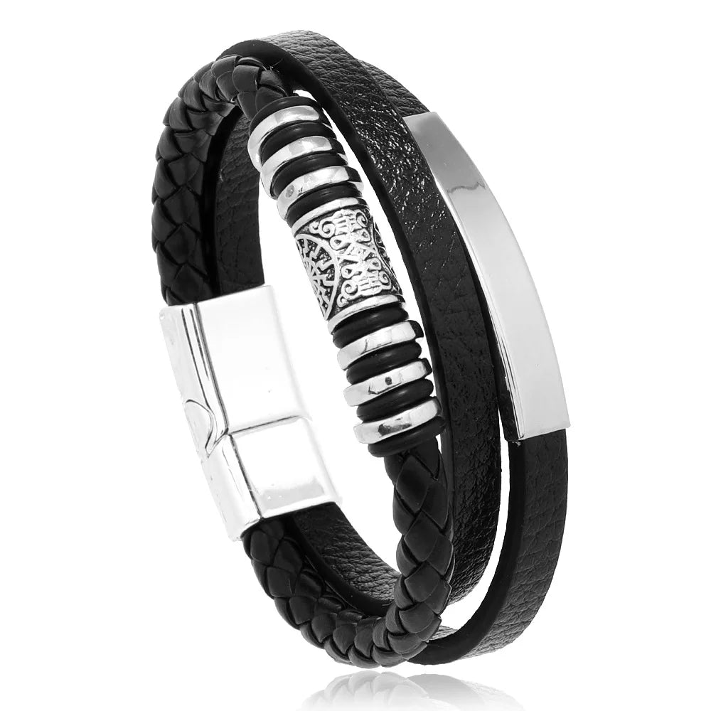 "Trendy Men’s Leather Bracelet – 21cm Multilayer Braided Rope with Stainless Steel, Fashion Jewelry Gift for Men" - RELUX.STORE