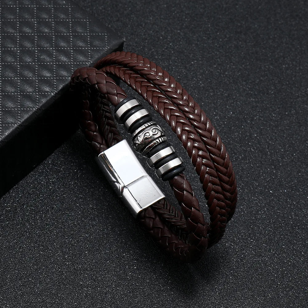 "Trendy Men’s Leather Bracelet – 21cm Multilayer Braided Rope with Stainless Steel, Fashion Jewelry Gift for Men" - RELUX.STORE