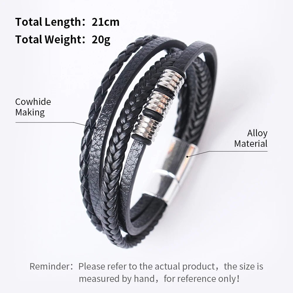 "Trendy Men’s Leather Bracelet – 21cm Multilayer Braided Rope with Stainless Steel, Fashion Jewelry Gift for Men" - RELUX.STORE