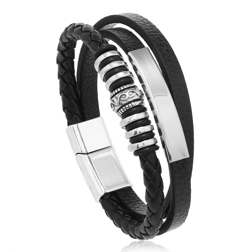 "Trendy Men’s Leather Bracelet – 21cm Multilayer Braided Rope with Stainless Steel, Fashion Jewelry Gift for Men" - RELUX.STORE