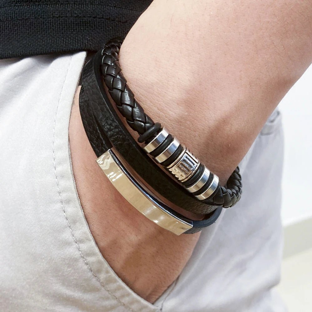 "Trendy Men’s Leather Bracelet – 21cm Multilayer Braided Rope with Stainless Steel, Fashion Jewelry Gift for Men" - RELUX.STORE