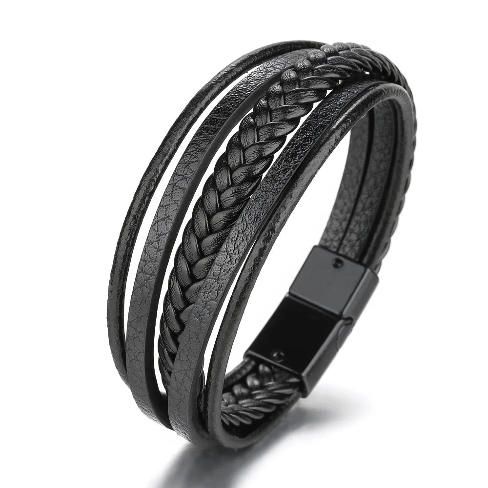 "Trendy Men’s Leather Bracelet – 21cm Multilayer Braided Rope with Stainless Steel, Fashion Jewelry Gift for Men" - RELUX.STORE