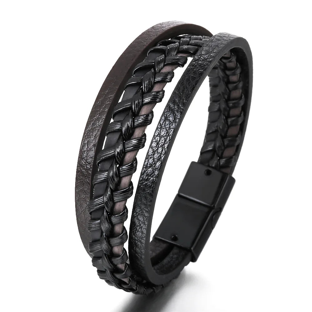 "Trendy Men’s Leather Bracelet – 21cm Multilayer Braided Rope with Stainless Steel, Fashion Jewelry Gift for Men" - RELUX.STORE