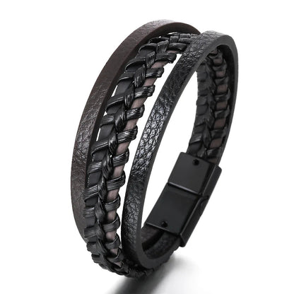 "Trendy Men’s Leather Bracelet – 21cm Multilayer Braided Rope with Stainless Steel, Fashion Jewelry Gift for Men" - RELUX.STORE