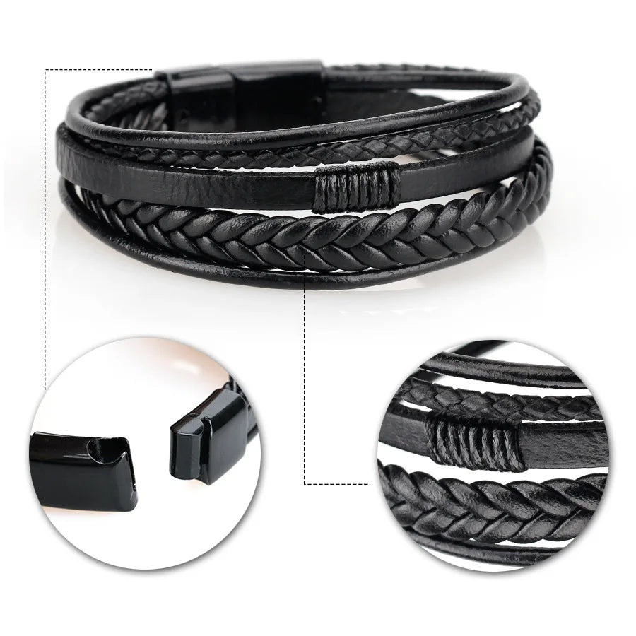 "Trendy Men’s Leather Bracelet – 21cm Multilayer Braided Rope with Stainless Steel, Fashion Jewelry Gift for Men" - RELUX.STORE