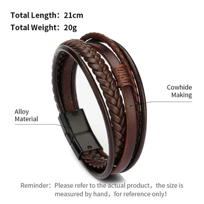 "Trendy Men’s Leather Bracelet – 21cm Multilayer Braided Rope with Stainless Steel, Fashion Jewelry Gift for Men" - RELUX.STORE