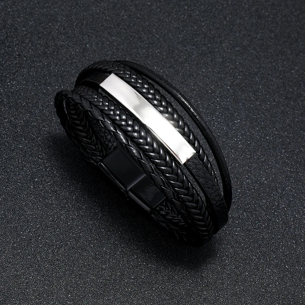 "Trendy Men’s Leather Bracelet – 21cm Multilayer Braided Rope with Stainless Steel, Fashion Jewelry Gift for Men" - RELUX.STORE