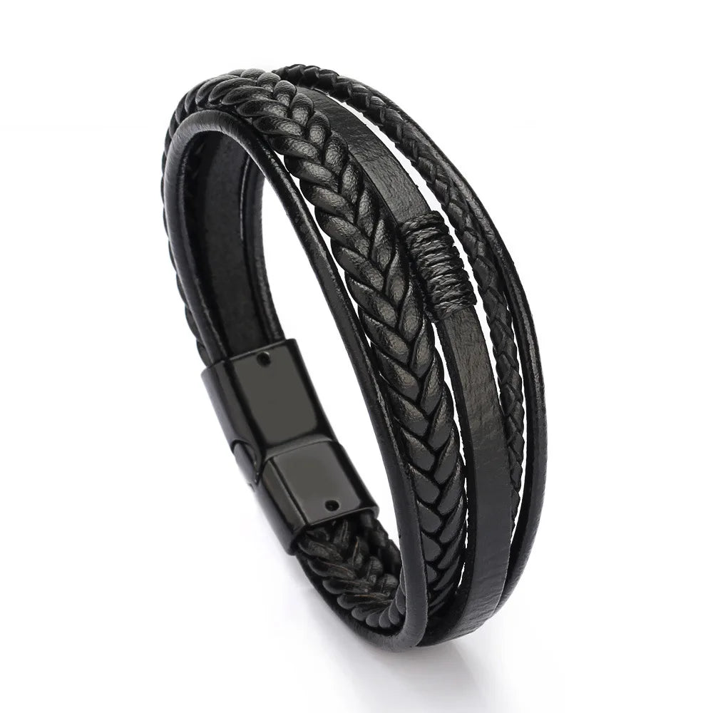 "Trendy Men’s Leather Bracelet – 21cm Multilayer Braided Rope with Stainless Steel, Fashion Jewelry Gift for Men" - RELUX.STORE