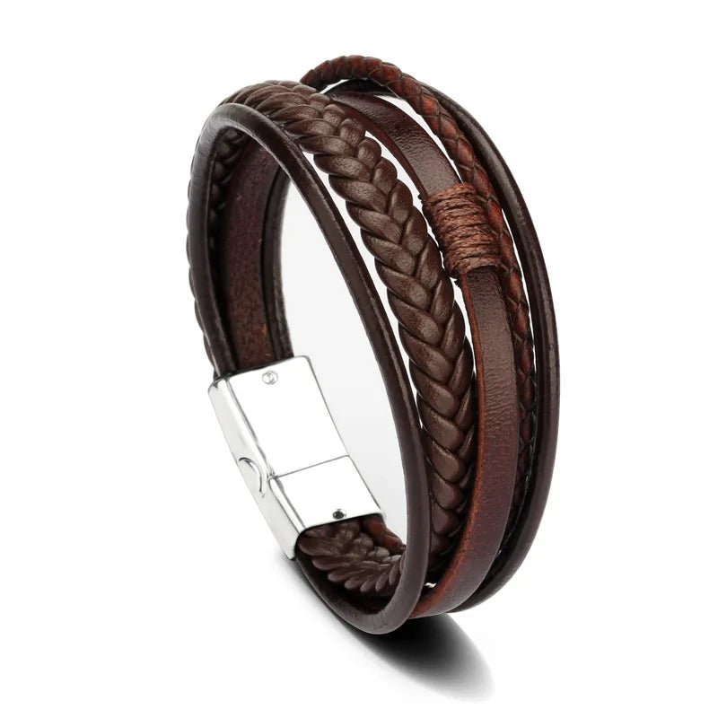 "Trendy Men’s Leather Bracelet – 21cm Multilayer Braided Rope with Stainless Steel, Fashion Jewelry Gift for Men" - RELUX.STORE