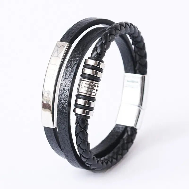 "Trendy Men’s Leather Bracelet – 21cm Multilayer Braided Rope with Stainless Steel, Fashion Jewelry Gift for Men" - RELUX.STORE