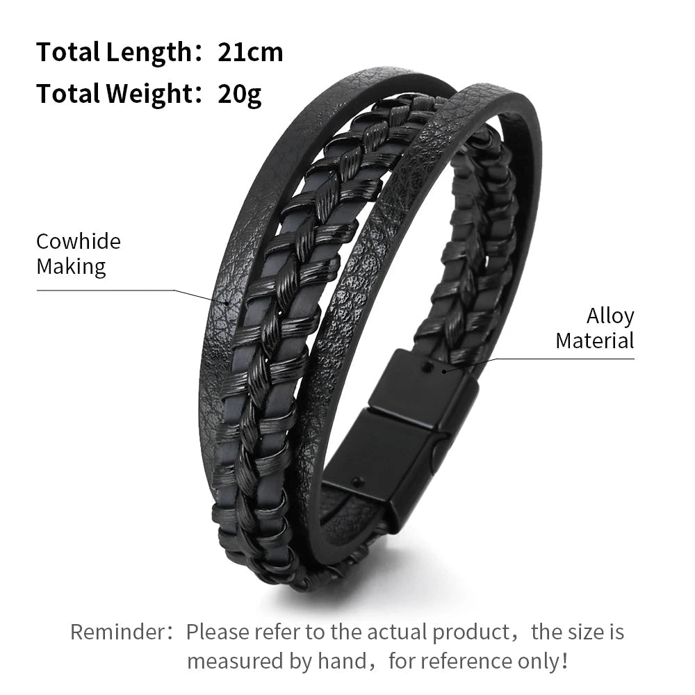 "Trendy Men’s Leather Bracelet – 21cm Multilayer Braided Rope with Stainless Steel, Fashion Jewelry Gift for Men" - RELUX.STORE