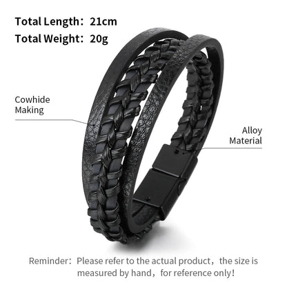 "Trendy Men’s Leather Bracelet – 21cm Multilayer Braided Rope with Stainless Steel, Fashion Jewelry Gift for Men" - RELUX.STORE