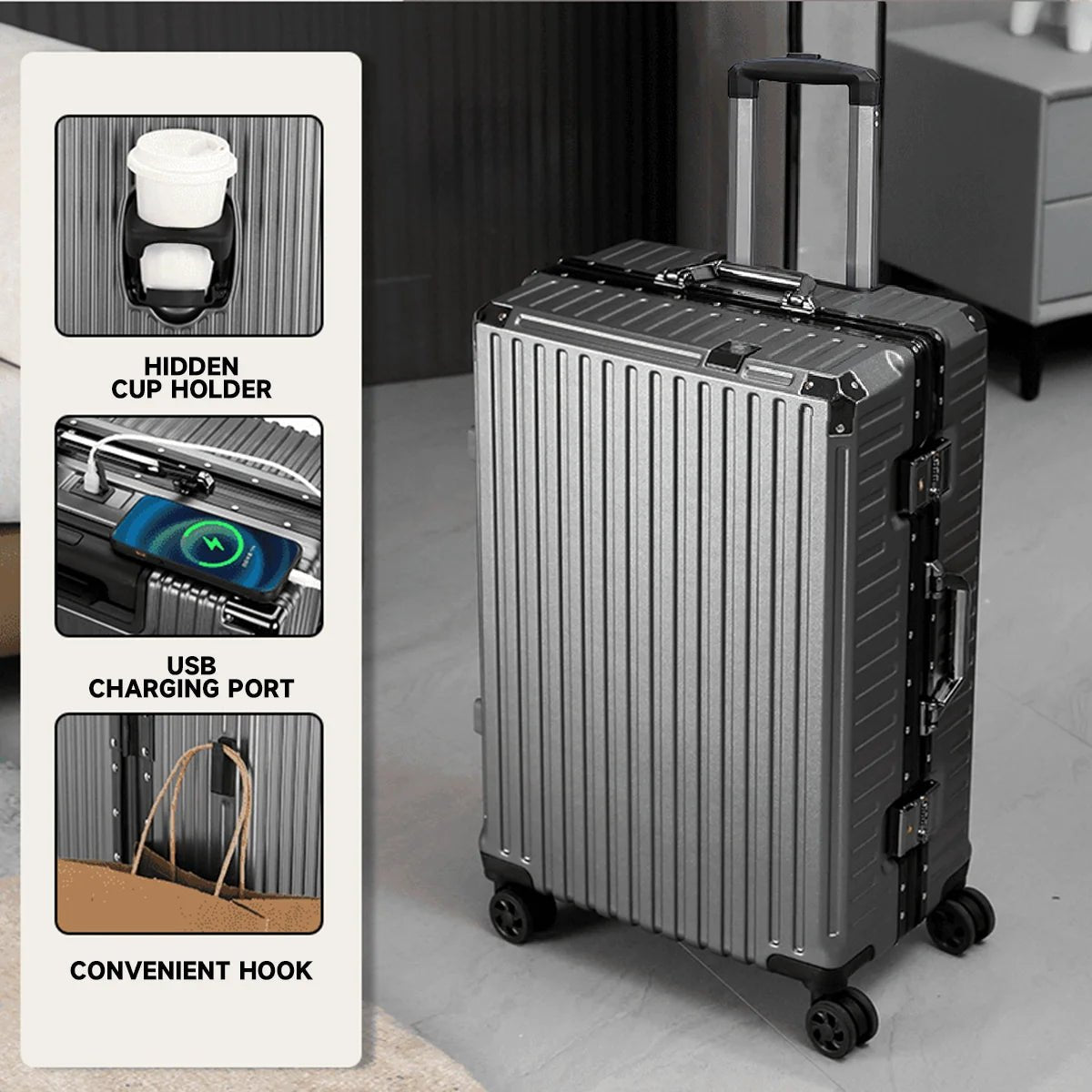 Trolley Luggage 20 24 26 28 Inch Aluminum Frame Rolling Luggage Case USB Travel Suitcase on Wheels Combination Lock Carry - On Luggage - RELUX.STORETrolley Luggage 20 24 26 28 Inch Aluminum Frame Rolling Luggage Case USB Travel Suitcase on Wheels Combination Lock Carry - On Luggage