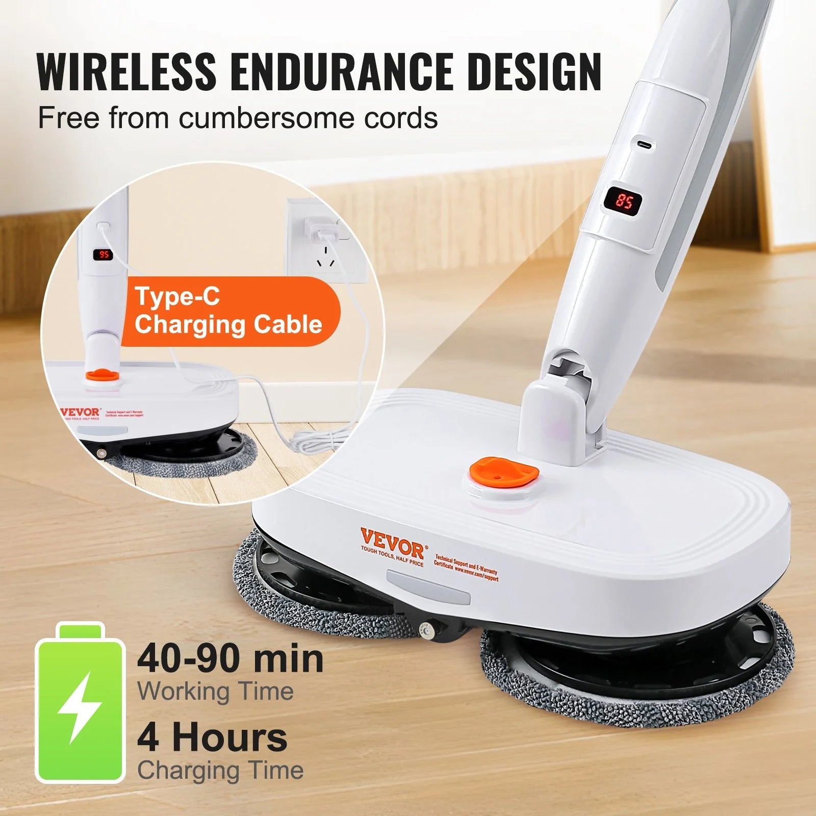 VEVOR Cordless Electric Spin Mop – Rechargeable Floor Cleaner with Water Tank, LED Headlight, Dual Mop Heads & Microfiber Pads, 40 - Min Battery, for Hardwood & Tile - RELUX.STORE