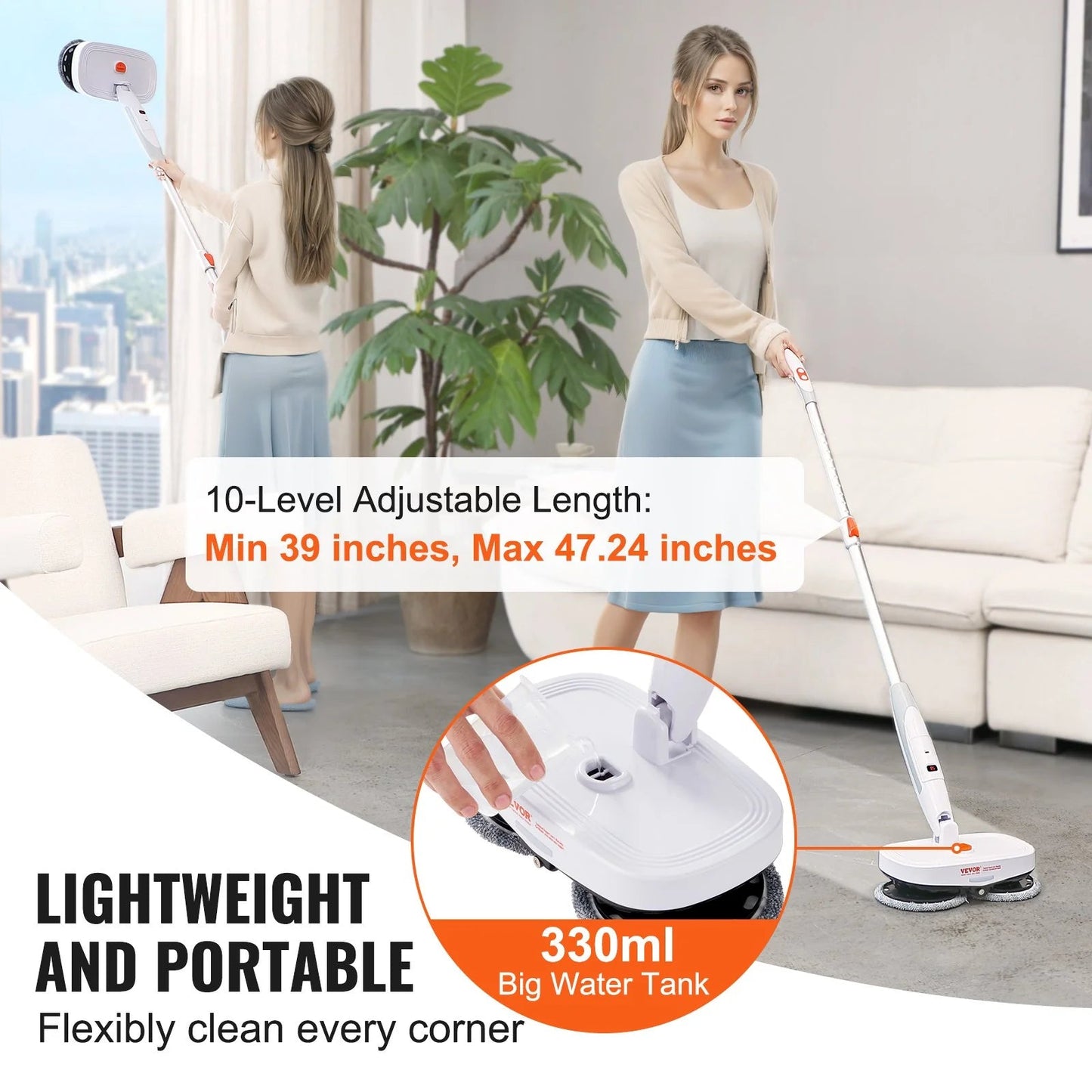 VEVOR Cordless Electric Spin Mop – Rechargeable Floor Cleaner with Water Tank, LED Headlight, Dual Mop Heads & Microfiber Pads, 40 - Min Battery, for Hardwood & Tile - RELUX.STORE