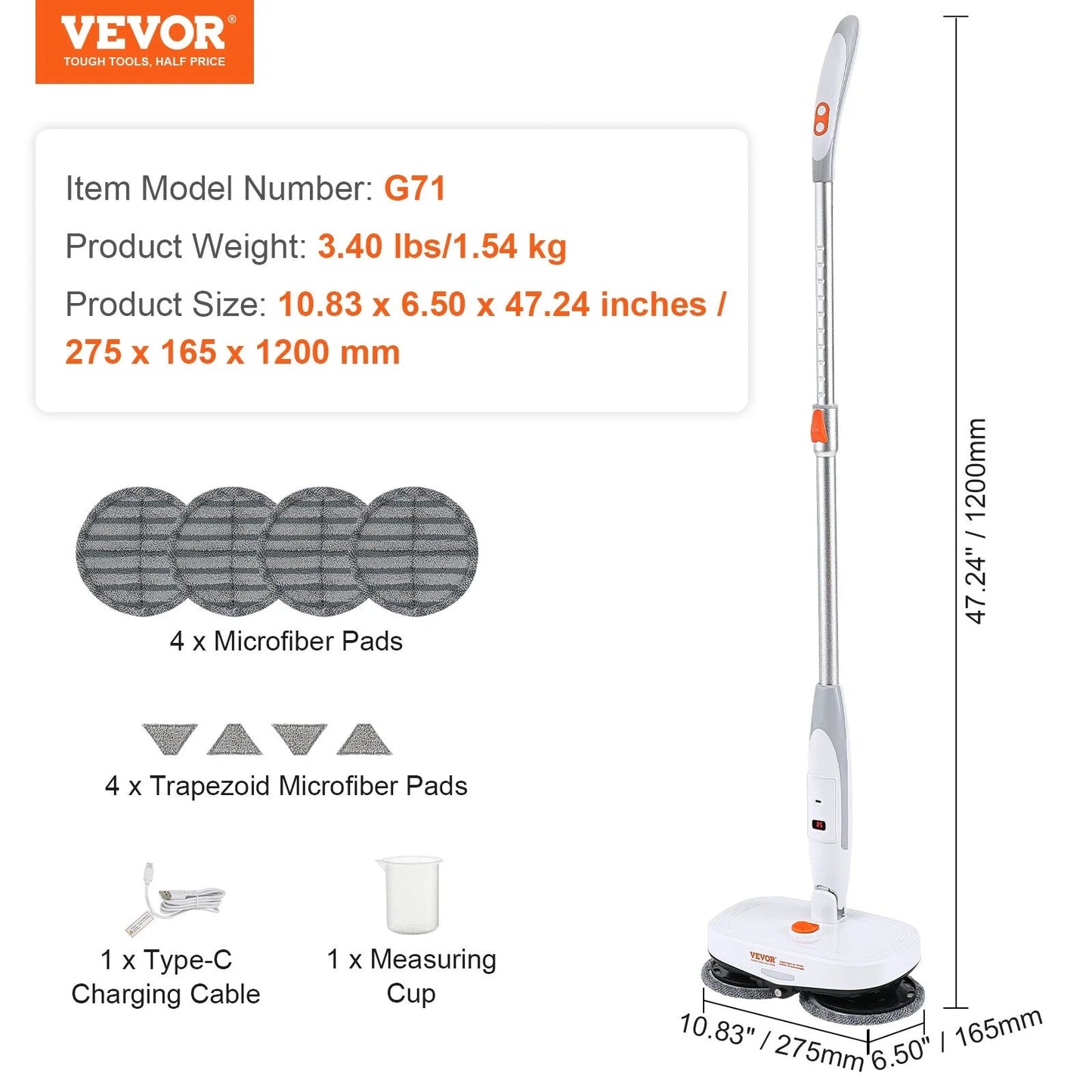 VEVOR Cordless Electric Spin Mop – Rechargeable Floor Cleaner with Water Tank, LED Headlight, Dual Mop Heads & Microfiber Pads, 40 - Min Battery, for Hardwood & Tile - RELUX.STORE