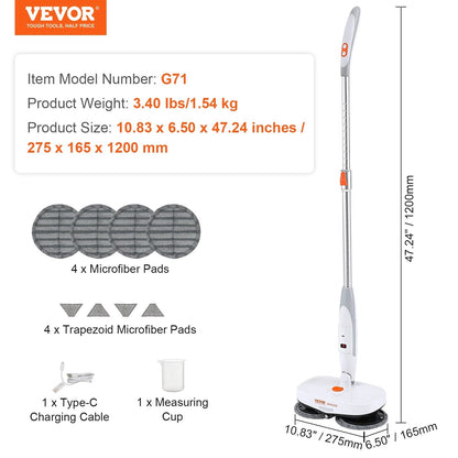 VEVOR Cordless Electric Spin Mop – Rechargeable Floor Cleaner with Water Tank, LED Headlight, Dual Mop Heads & Microfiber Pads, 40 - Min Battery, for Hardwood & Tile - RELUX.STORE