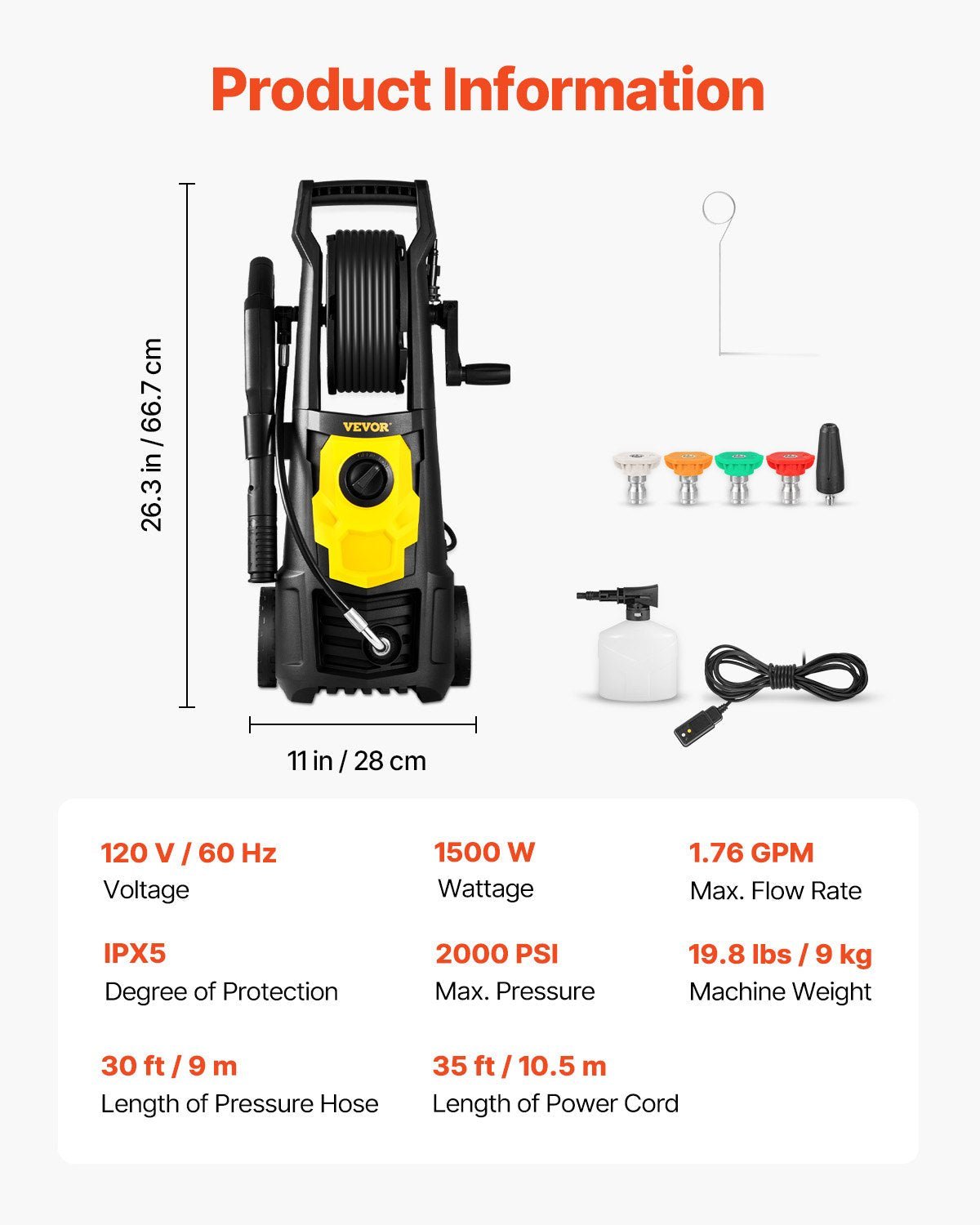VEVOR Electric Pressure Washer 2000 PSI – 1.76 GPM Portable Power Washer with 30 Ft Hose, 5 Nozzles & Foam Cannon, Patio, Car & Driveway Cleaner, ETL Certified - RELUX.STORE