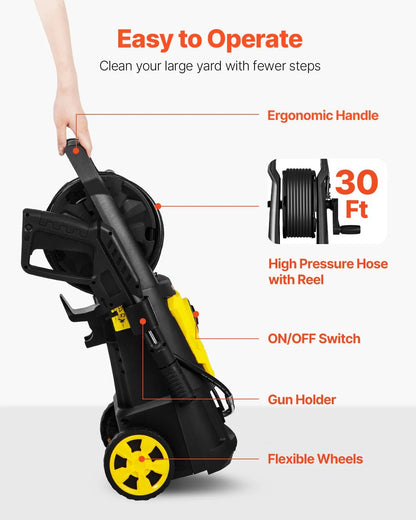 VEVOR Electric Pressure Washer 2000 PSI – 1.76 GPM Portable Power Washer with 30 Ft Hose, 5 Nozzles & Foam Cannon, Patio, Car & Driveway Cleaner, ETL Certified - RELUX.STORE