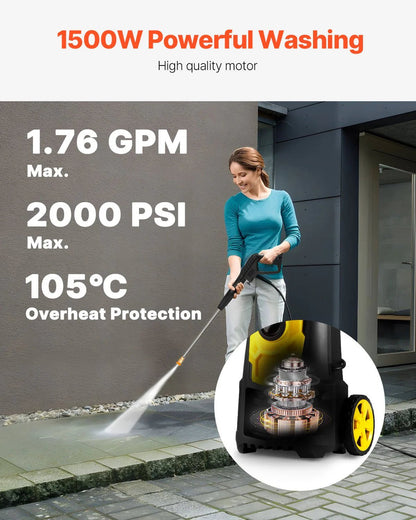 VEVOR Electric Pressure Washer 2000 PSI – 1.76 GPM Portable Power Washer with 30 Ft Hose, 5 Nozzles & Foam Cannon, Patio, Car & Driveway Cleaner, ETL Certified - RELUX.STORE